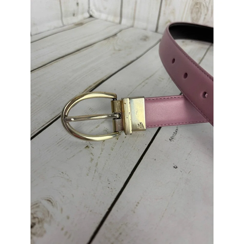 Lauren Ralph Lauren Reversible Leather Belt Mauve Pink Black Gold Buckle Womens